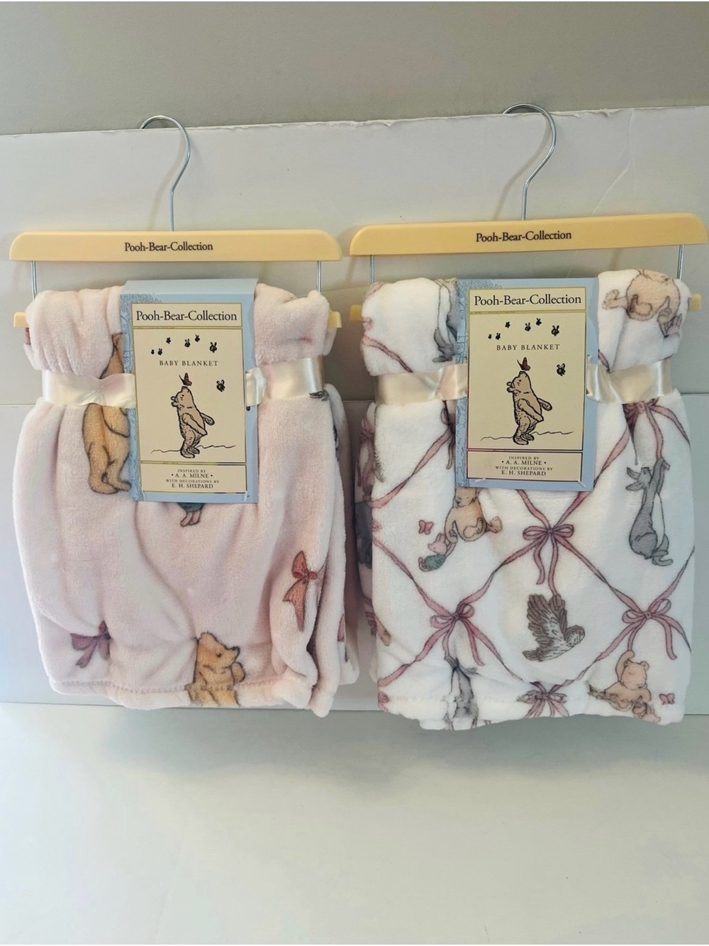 Winnie the Pooh Bear Collection Lot of 2 Baby Blankets Pink White Bow Rabbit Owl